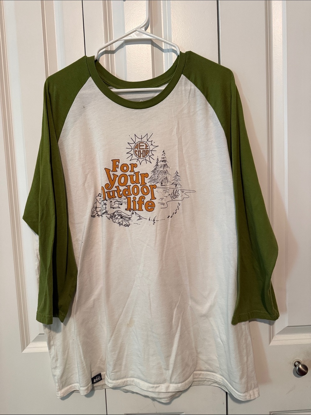 REI Olive Green & White Raglan Long Sleeve Graphic Tee